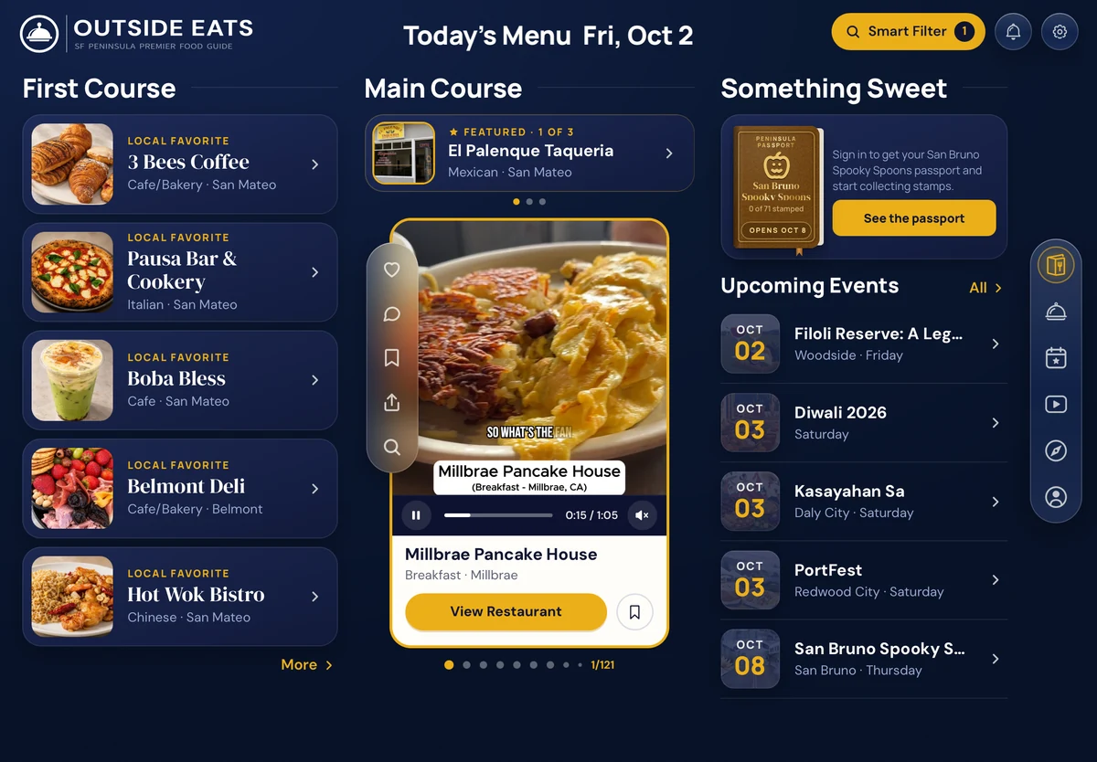 Outside Eats on iPad: Today's Menu, with local favorites, a featured restaurant video, the Passport and upcoming events